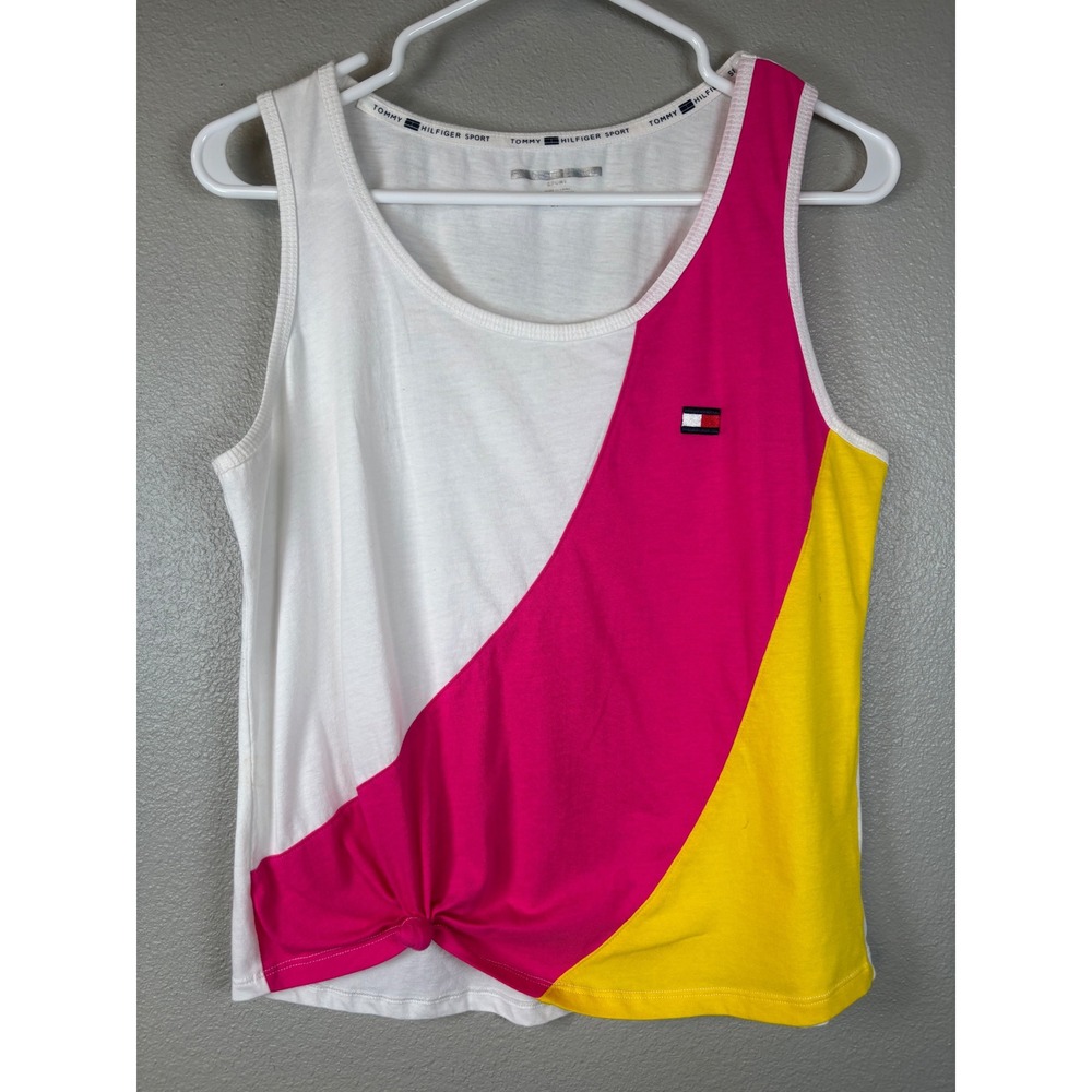 Tommy Hilfiger Sport Women L Color Block Tank Top Knot‎ Front White Pink Yellow